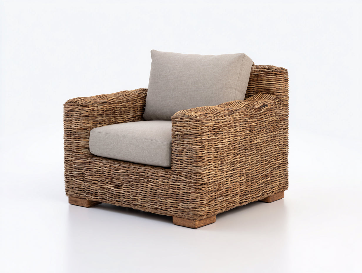 Sillón de ratán trenzado con cojín 90x85x80 cm - natural - estilo rústico para salón