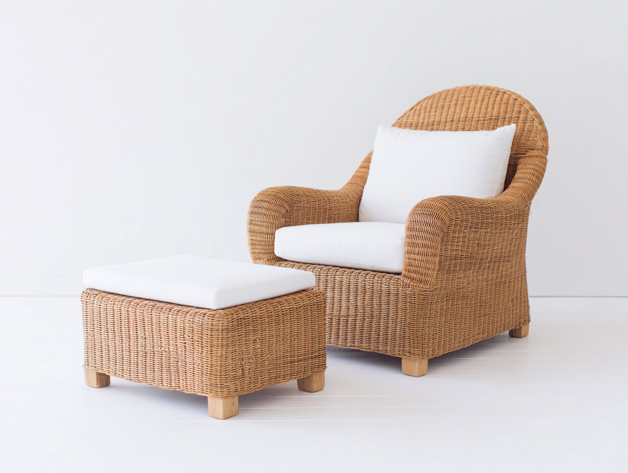 Sillones de ratán ratán y tela 115x95x92 cm - marrón natural-blanco - diseño exterior con reposapiés