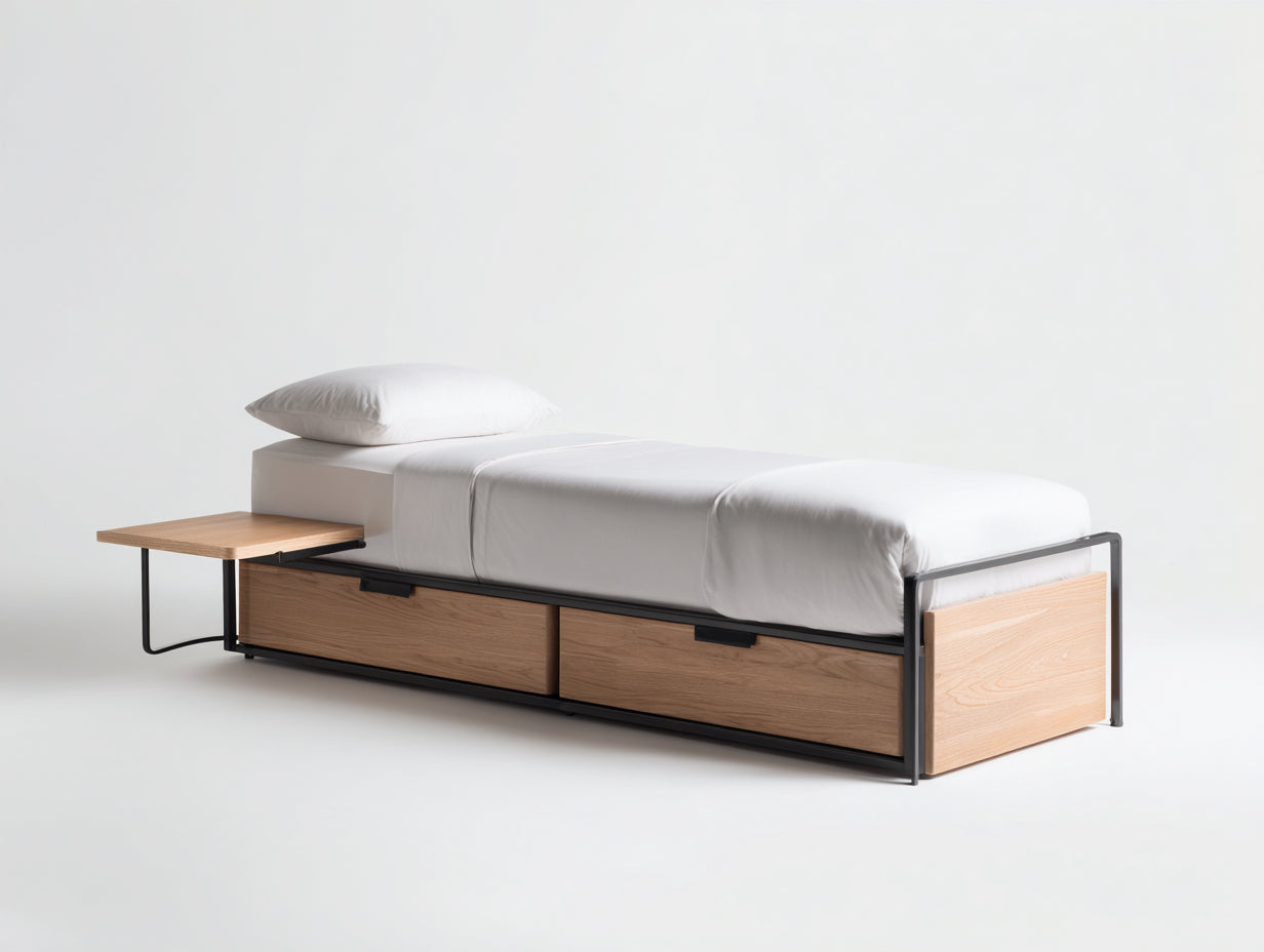 Camas individuales 205x95x75 cm de metal y madera - negro-marrón - diseño moderno con cajones