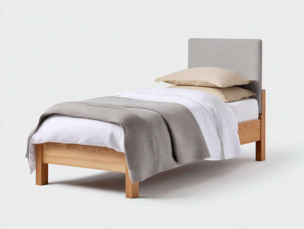 Cama individual de madera y cabecero tapizado 205x95x105 cm - madera natural - diseño moderno para dormitorio