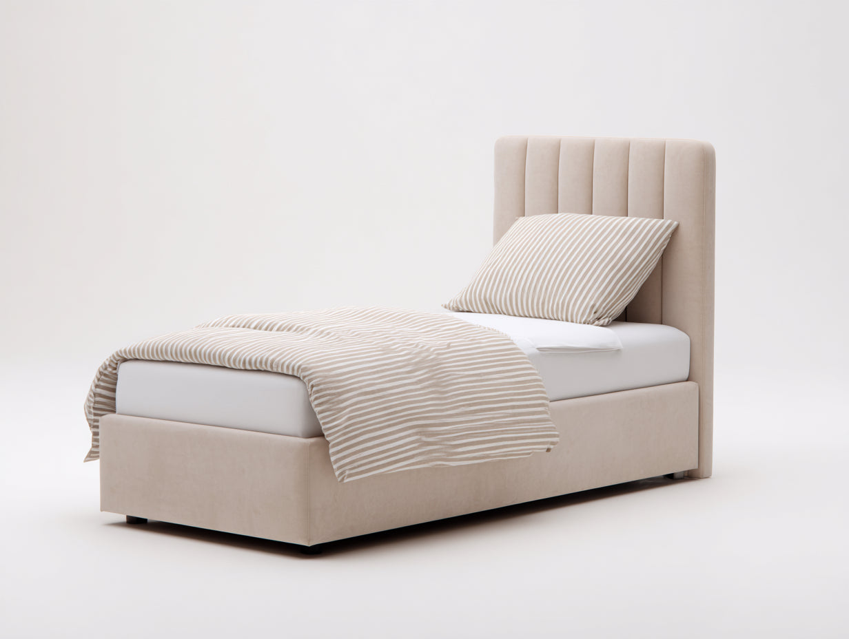 Camas individuales 200x90x105 cm - tapizado beige con cabecero acolchado - diseño moderno para dormitorio