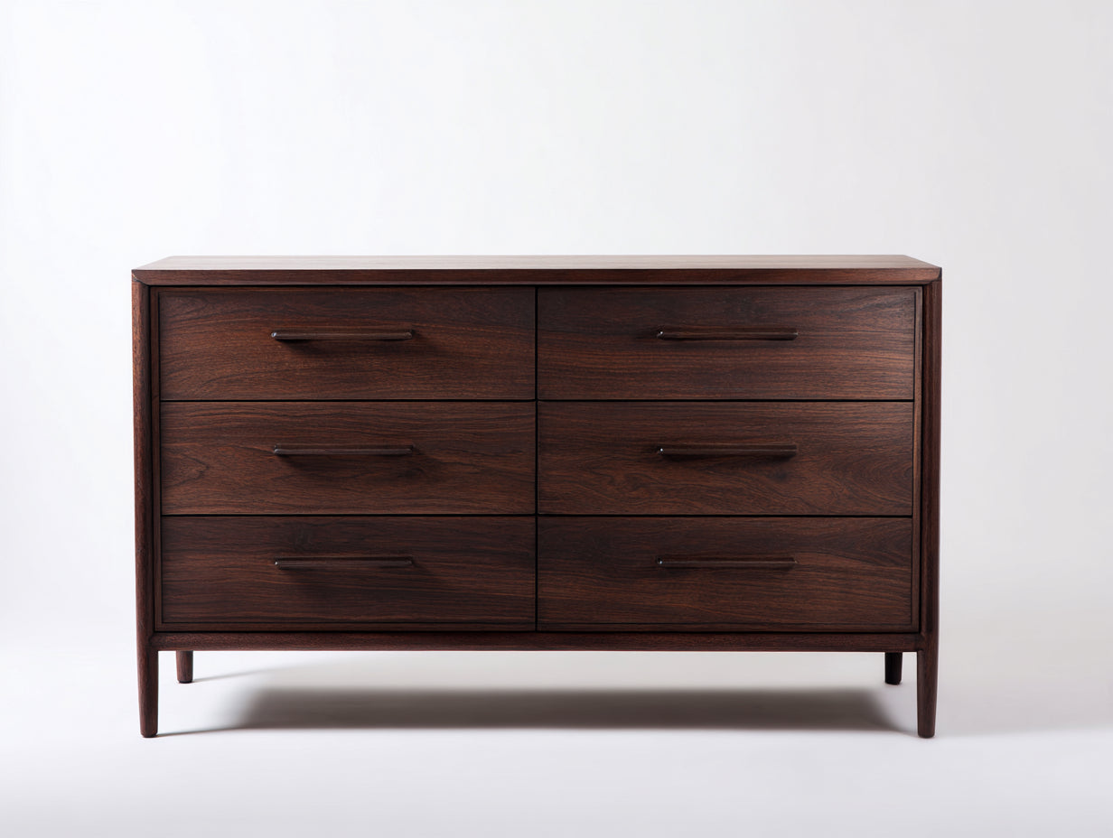 Cómoda de madera con 6 cajones 130x45x78 cm - nogal oscuro - diseño moderno para dormitorio