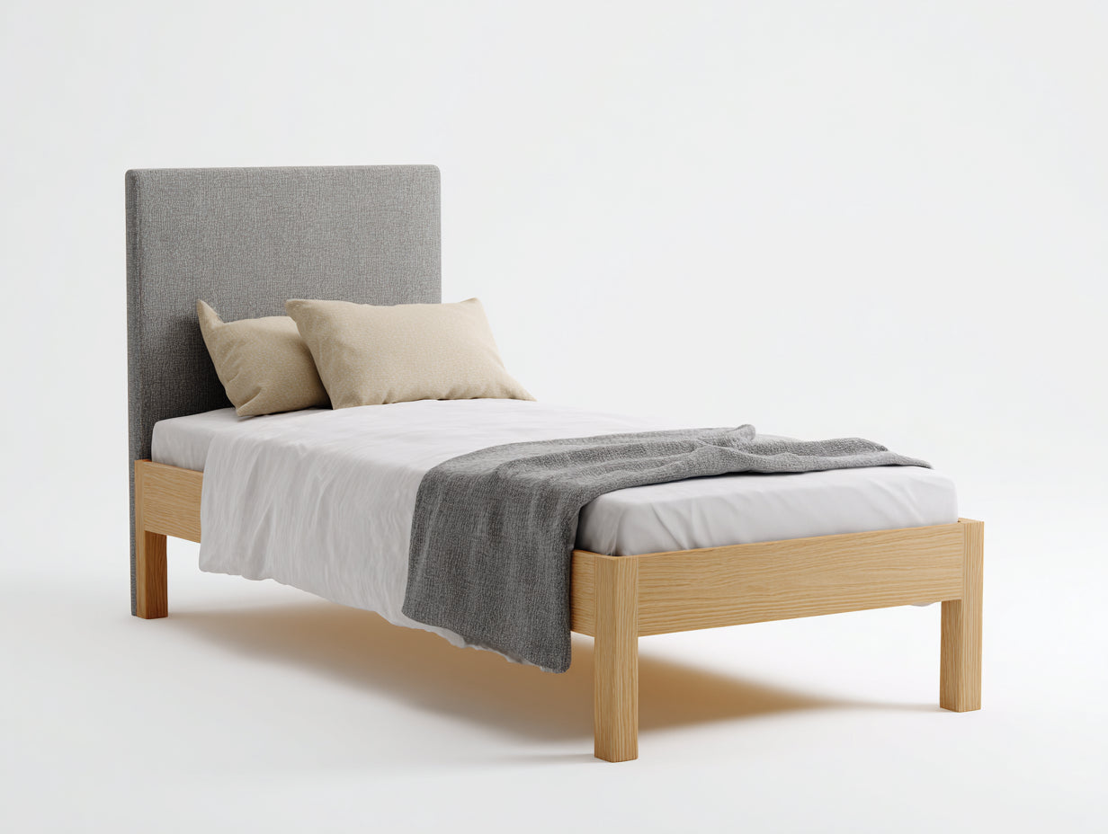 Camas individuales madera y tela 205x100x118 cm - madera natural-gris - diseño moderno para dormitorio