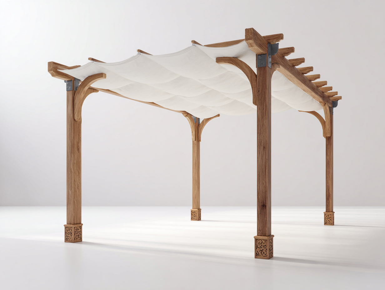Pérgola de jardín madera y tela 400x300x260 cm - madera natural-blanco crema - cubierta textil para exterior