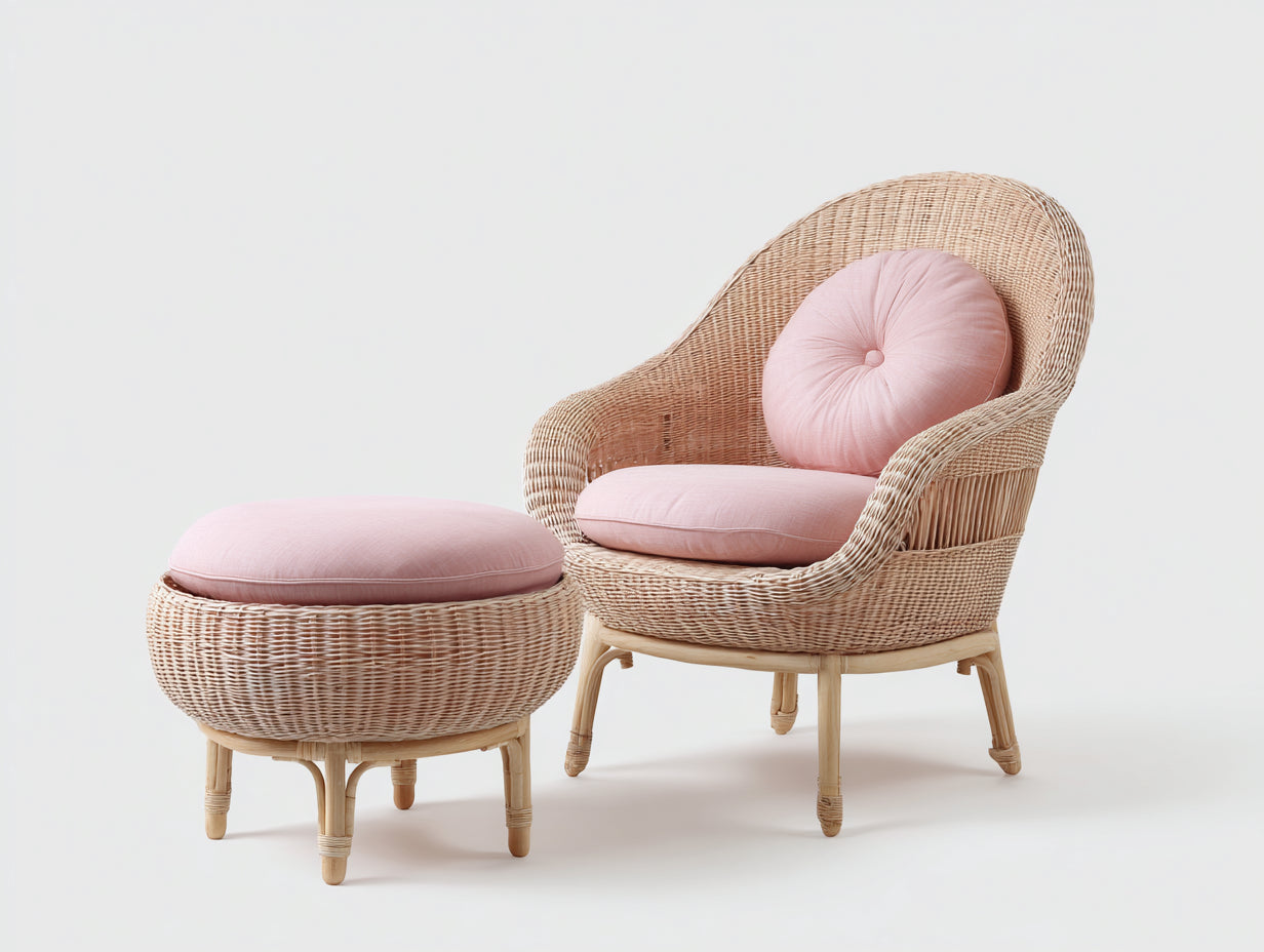 Sillones de ratán 86x78x88 cm - ratán natural y textil rosa con reposapiés - diseño bohemio para jardín