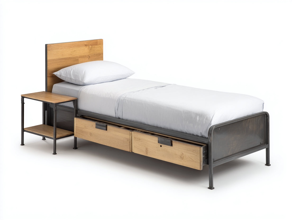 Camas individuales 205x95x95 cm de metal y madera - negro-marrón - estilo industrial con cajones