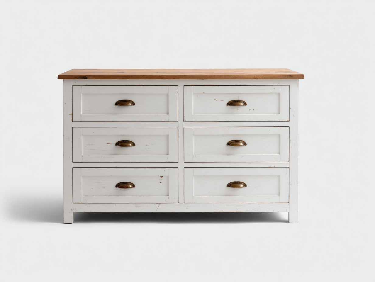 Cómoda de madera con 6 cajones 120x45x85 cm - blanco y roble - estilo rústico para dormitorio