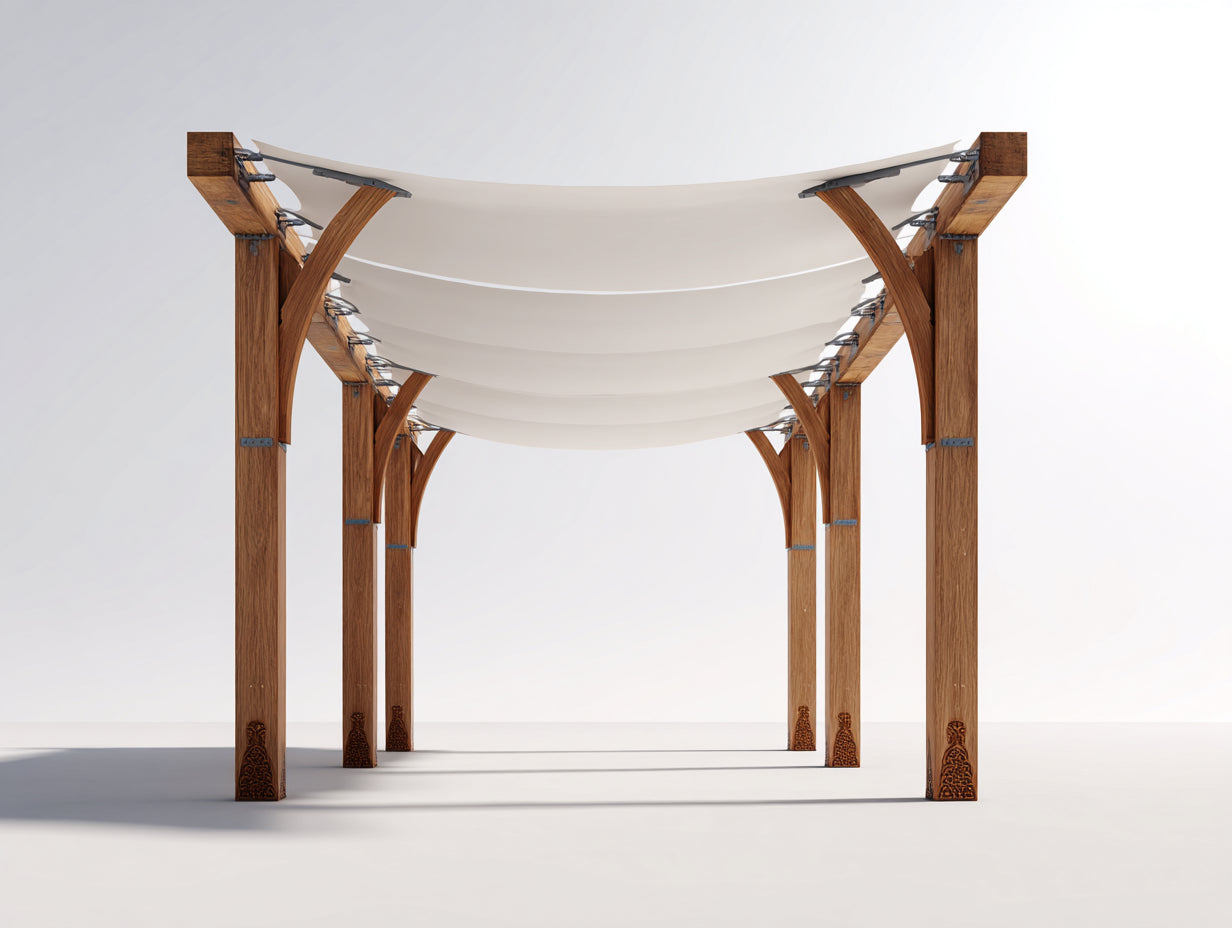 Pérgola de jardín 500x300x270 cm - madera marrón y toldo beige - diseño moderno para exterior