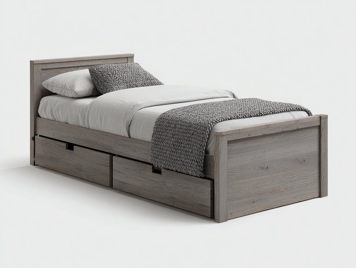Cama individual de madera con cajones 200x90x75 cm - gris natural - estilo moderno para dormitorio